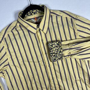Robert Graham Shirt Mens Large L Yellow Purple Stripe Flip Cuff Beach Chairs OTG